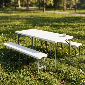 Segawe 2pcs HDPE Folding Benches + 2 Pieces Foldable Square Camping Table, Metal Frame Outdoor, 3ft Width Compact Camping Furniture, Portable White Picnic Table, Portable Picnic Table