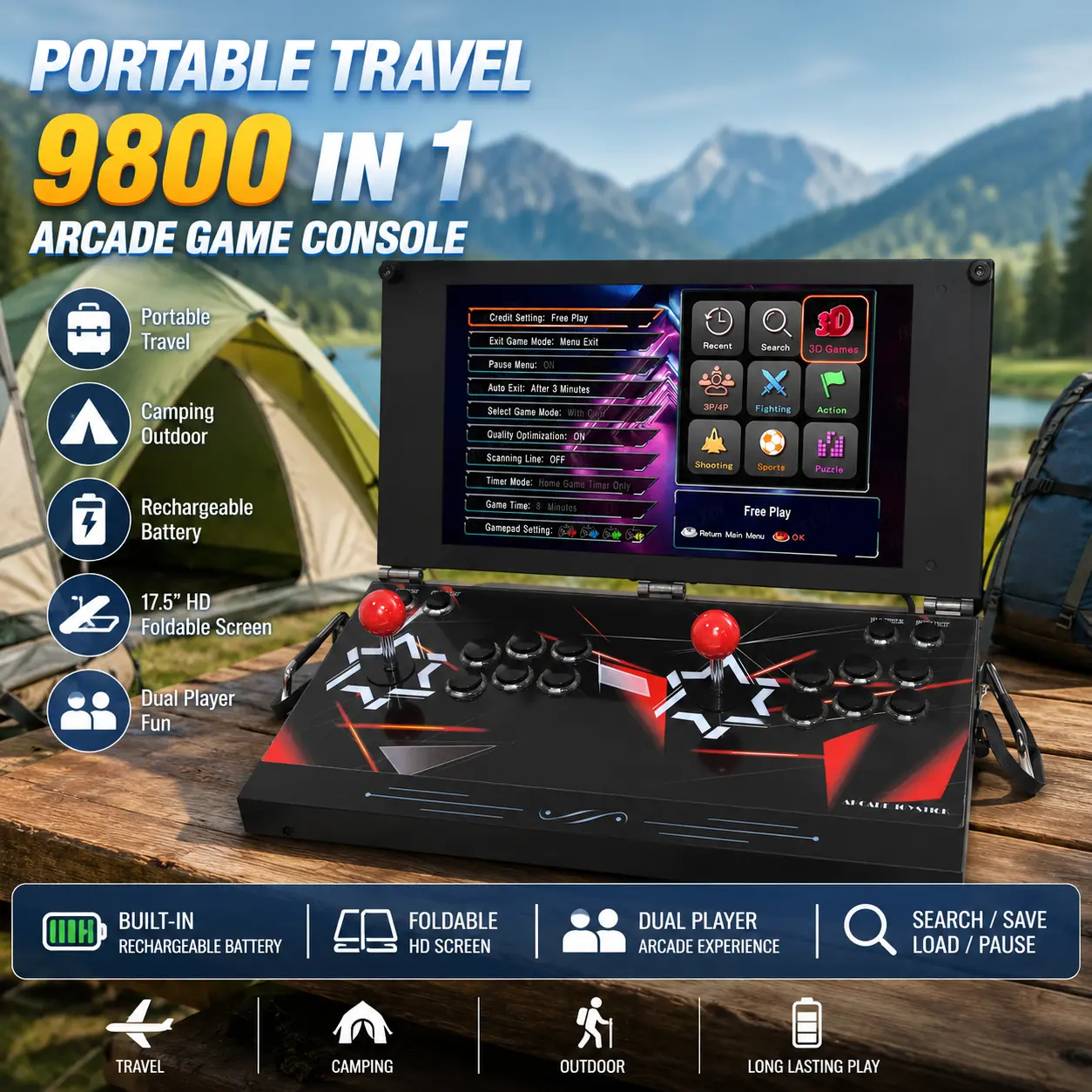 9800 in 1 Handheld Portable Arcade Game Console, 17.5-Inch HD Foldable Screen, Built-in Rechargeable Battery, Dual Player Retro Video Game Machine for Camping, Travel, Outdoor Gaming, Search/Save/Load/Pause