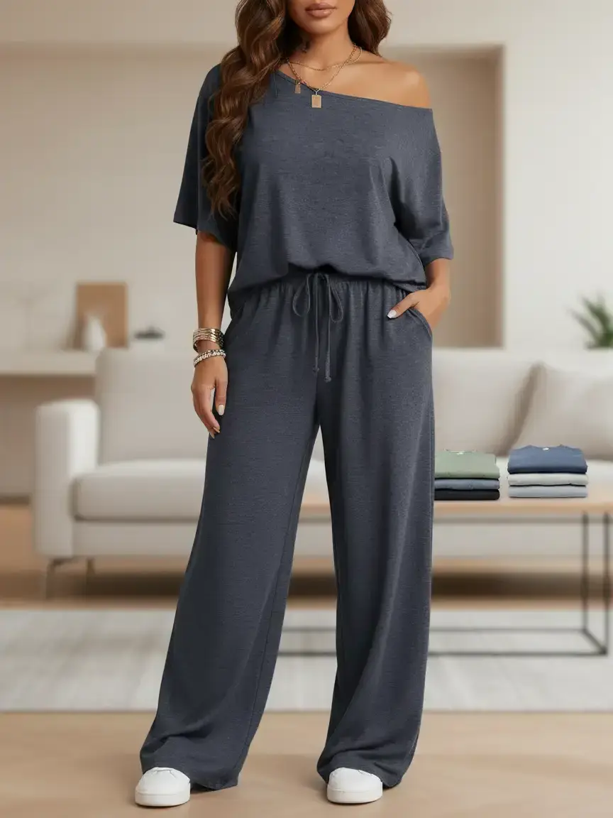 Women's 2-Piece Casual Essential Set, Light Fleece Oversized Off-Shoulder Short-Sleeve Top & Wide-Leg Pants, Adjustable 1-Shoulder Detail, Skin-Friendly Highly Elastic Knit Fabric, Soft Fluffy Gray Linen Tone, Breathable Spring Womenswear
