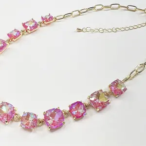 Coral AB Crystal Chain Link Necklace - Durable Zinc Steel Design