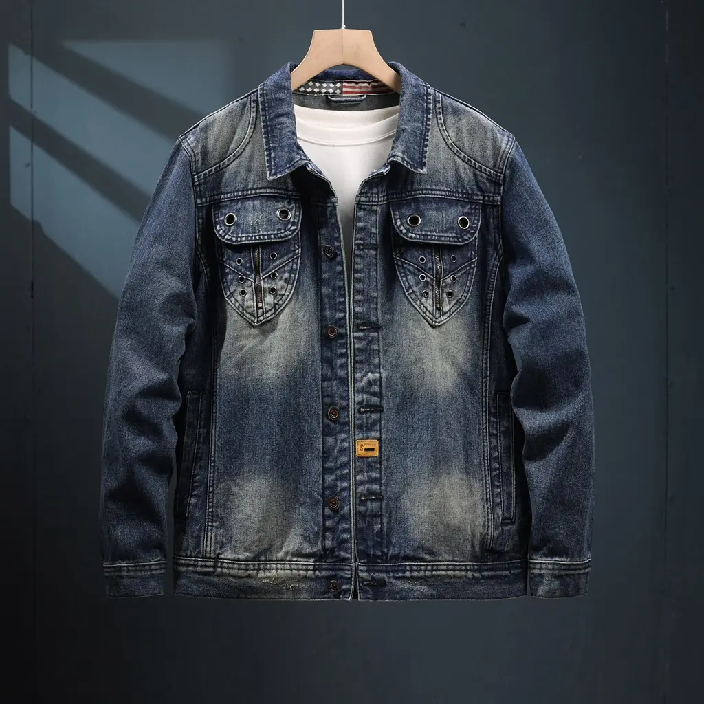 Vintage Gradient Faded Whisker Wash Metal Eyelet Rivet Multi Layer Stitch Shield Pocket Regular Fit Denim Trucker Jacket Unisex Collar USA Flag Inner Tape Bronze Button Heavy Denim Western Motorcycle Retro All Season Layer Outerwear, All Seasons, Collared