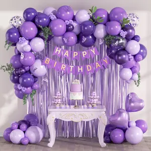 Purple Birthday Decorations for Women with Metallic Dark Pastel Purple Confetti Foil Balloons Fringe Curtain Banner for Women Birthday Decorations