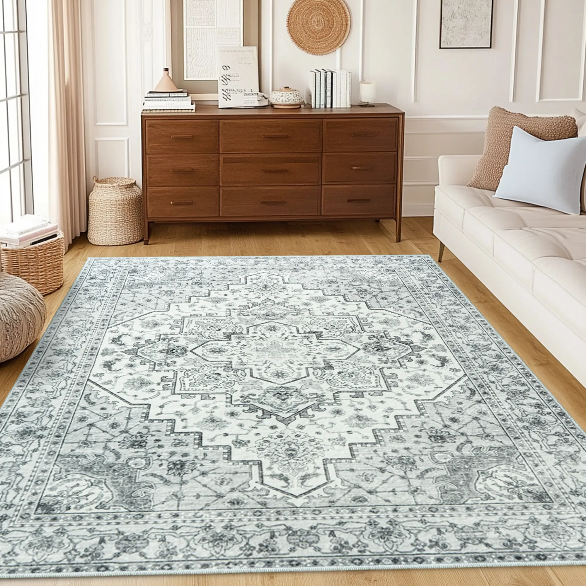【Back to School】【Dorm Essentials】EIKIONE Bohemian Washable Rug Non-Toxic Soft Anti-Slip 4x6-8x10 Waterproof Stain-Resistant Easy Clean Geometric Boho Decor for Bedroom Living Room Nook US Fast Shipping,dorm essentials,home decor,home essentials