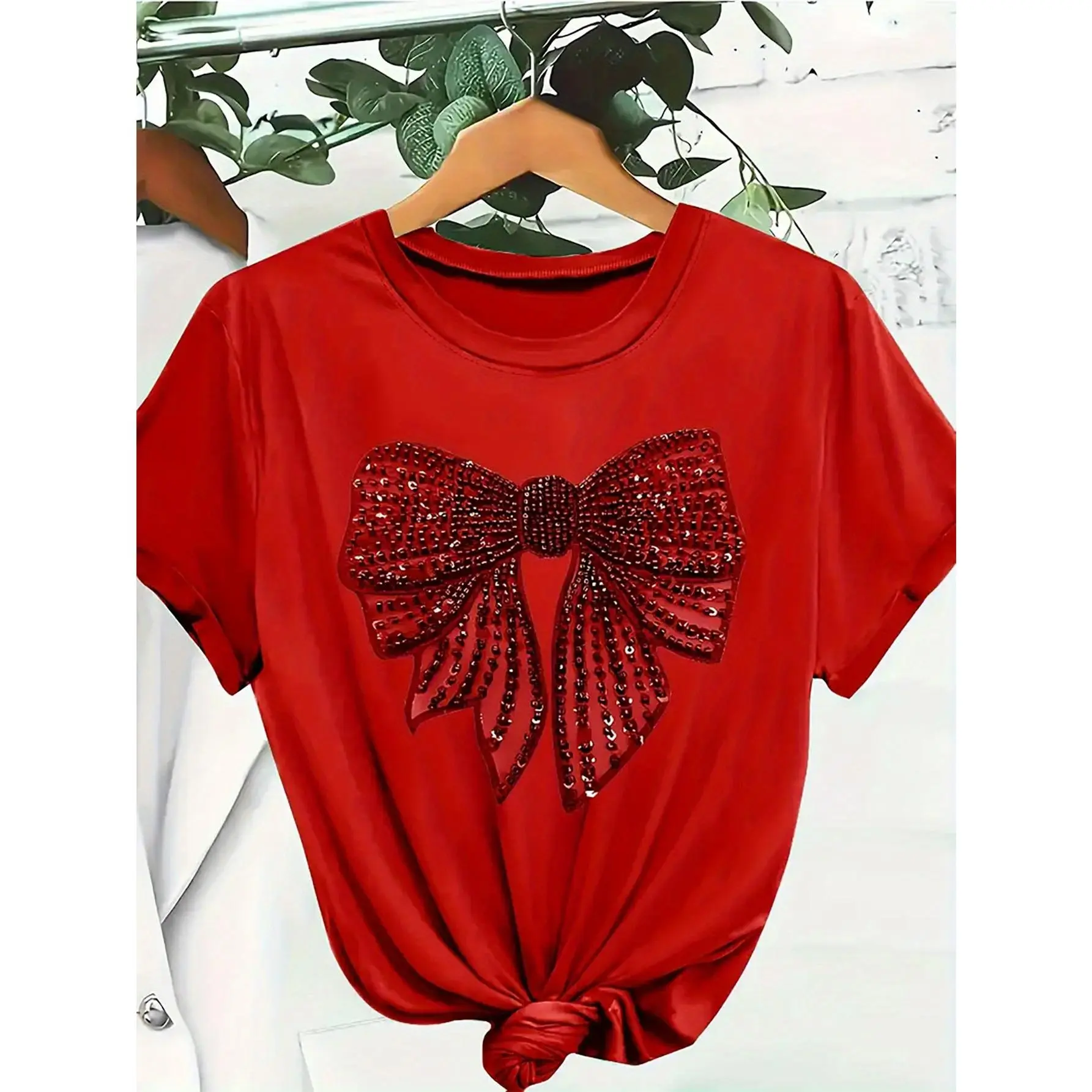 Lady's Chic Basic Short-Sleeve Red Sequin Bow Print Round Neck Sports Top - Loose Regular Fit, Sparkling Accent, Machine Washable, Versatile for Everyday & Party Wear, Elegant Undershirt for Coat Layering