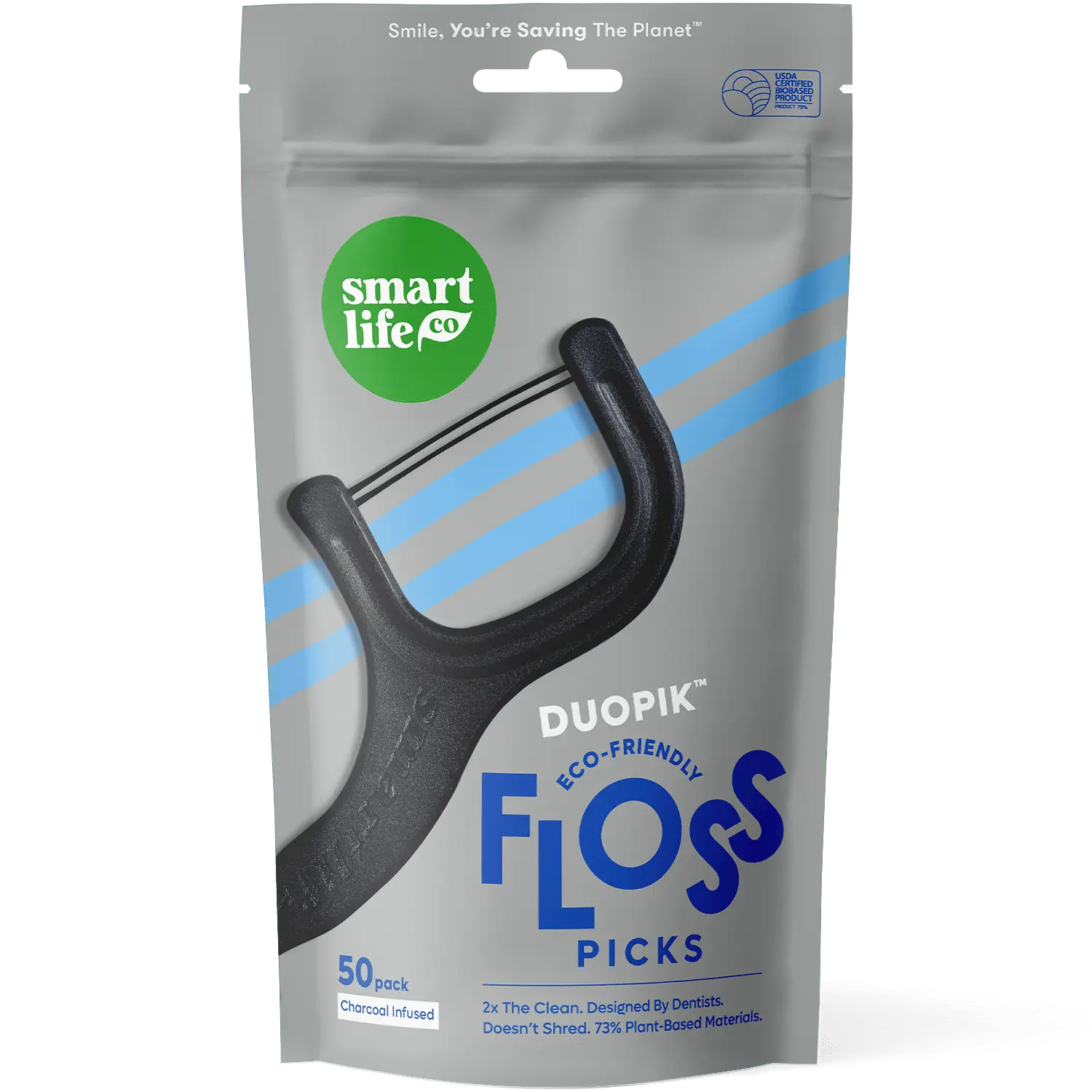 Eco-Friendly Floss Picks – Whitens Teeth, Anti-Shred Dental Flossers, Sustainable, Toothpick End, Vegan & PFA Free, Charcoal 50pk