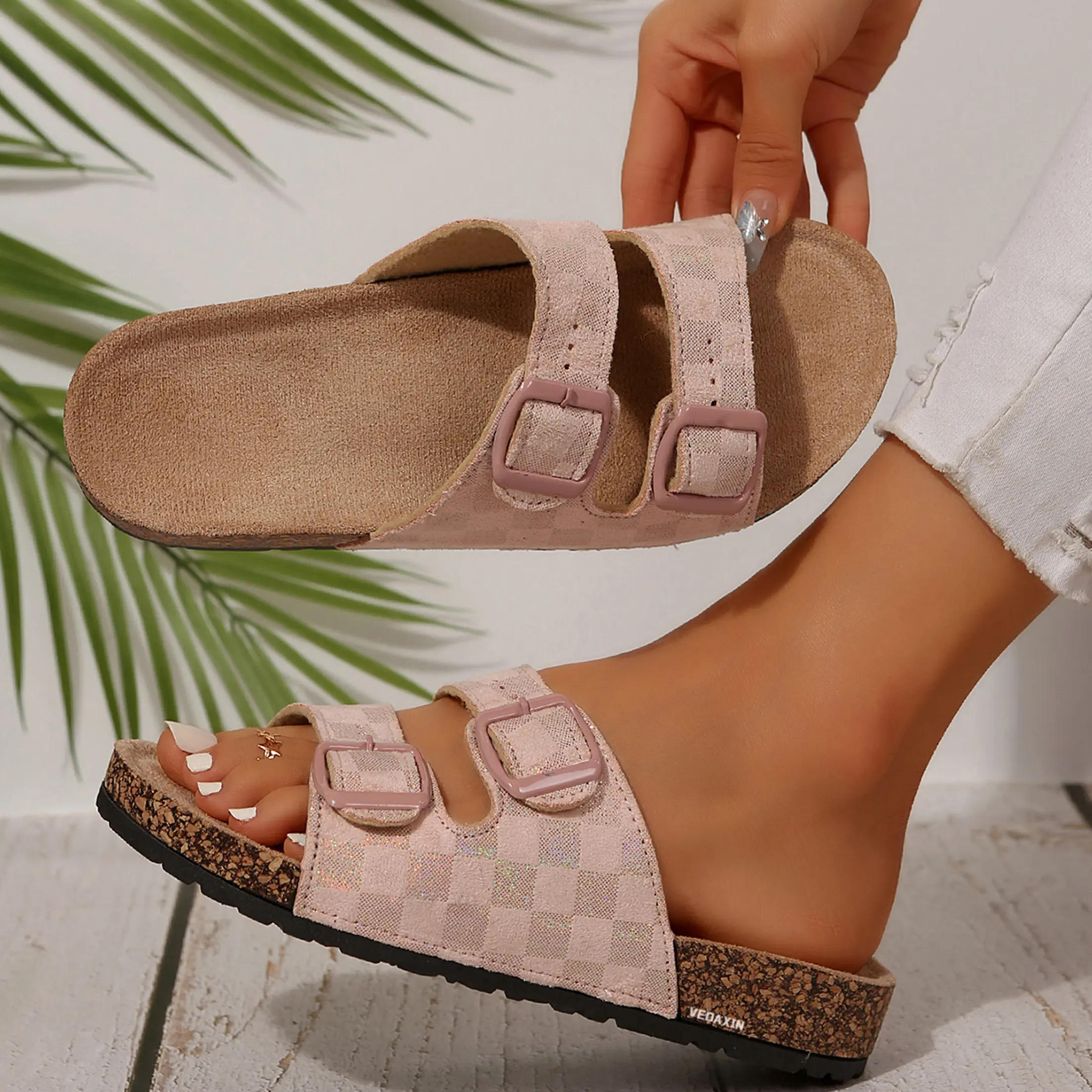 Women's Sandals Shiny Checkered Cork Slides Perfect for Vacation, Poolside, and Everyday Wear Summer Vibes