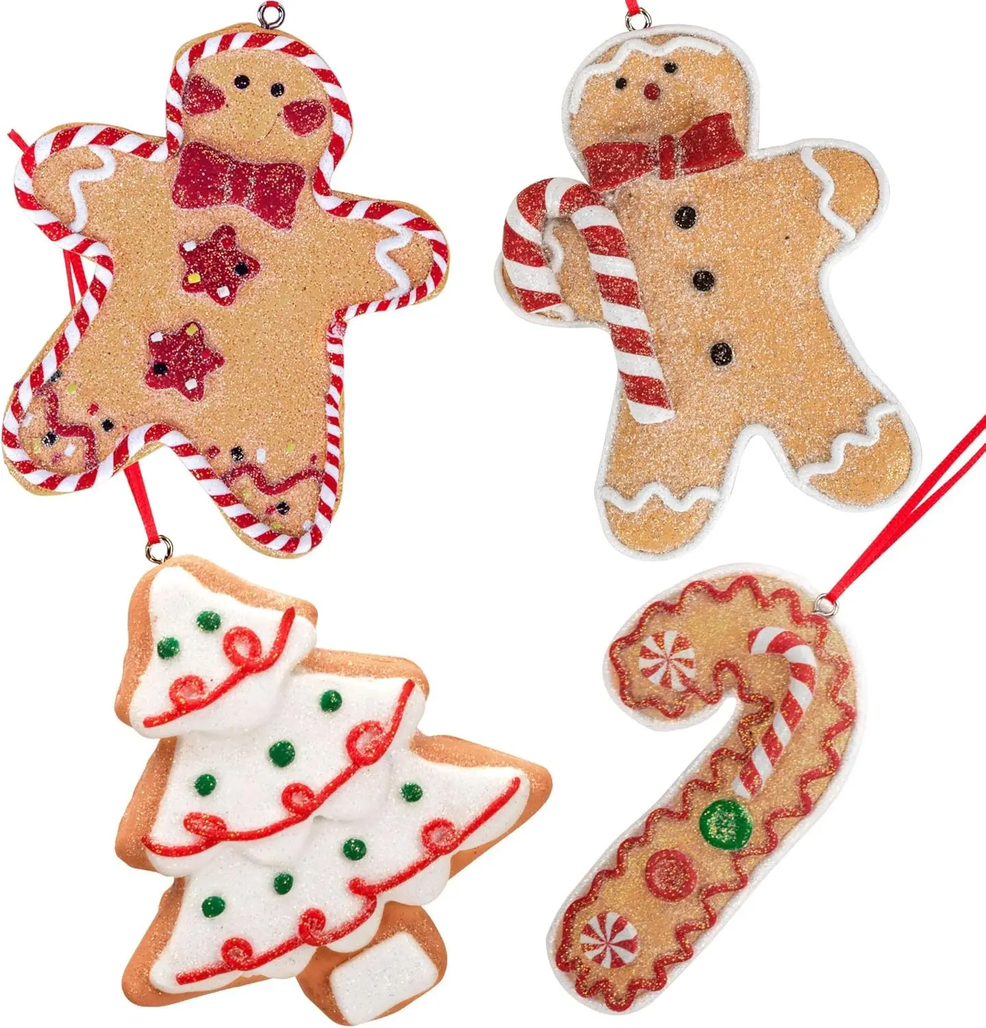 Gingerbread Christmas Ornaments Man Boy Girl Tree Candy Cane Cookie Rustic Vintage Christmas Decorations Set of 4 Clay Hanging Ornaments with Gift Box