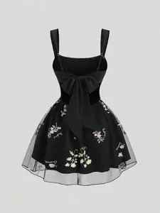 Spring/Autumn French Style Apricot Embroidered Square Neck Mini Dress