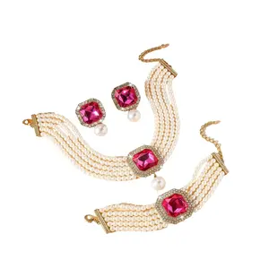 Fashion Bride Rose Red Layered Rhinestone Crystal Jewelry Set | 1920s Vintage Faux Pearl Necklace Earrings Bracelet 3-Piece Set | Wedding Crystal Accessories | Women’s Rose Red Square Choker