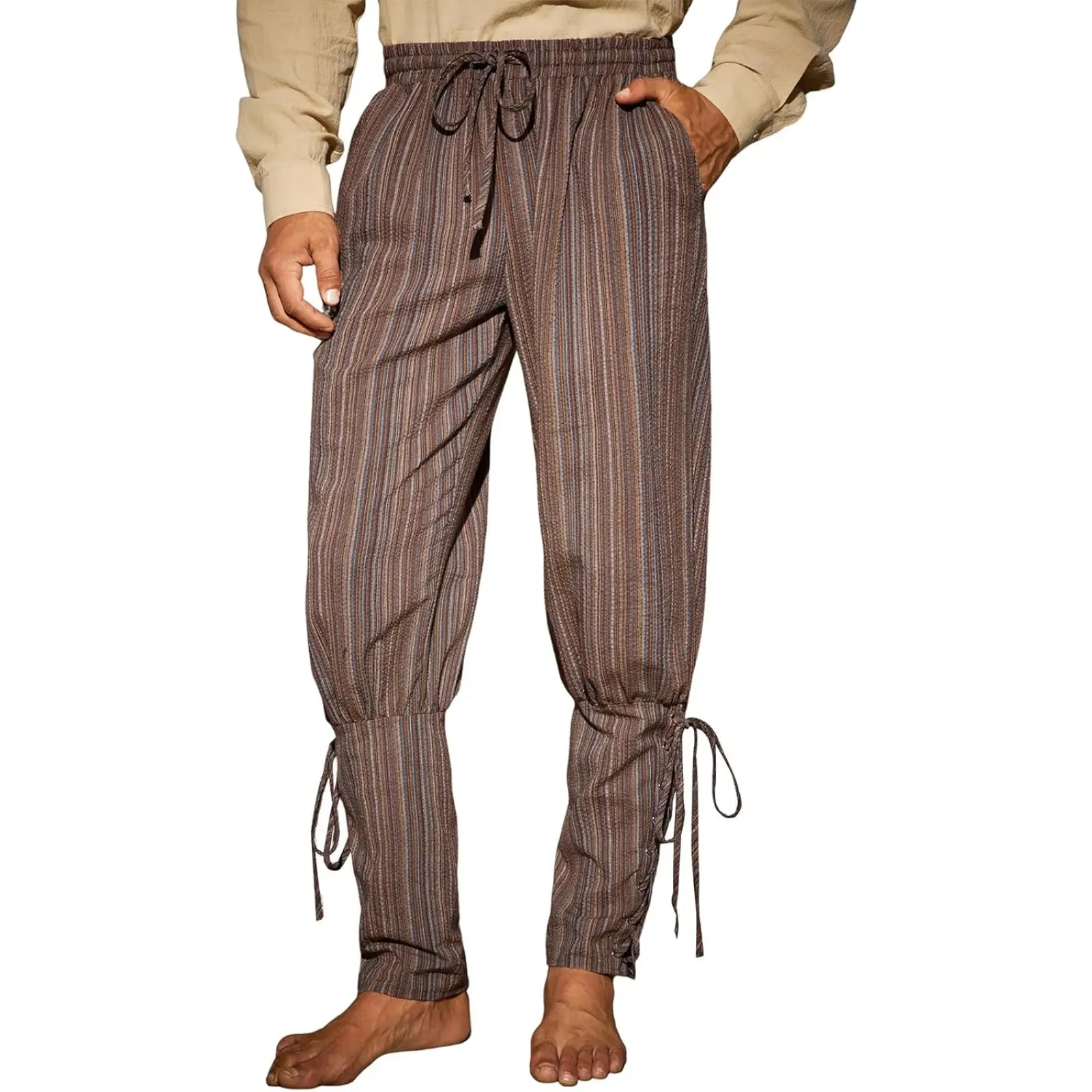 Runcati Mens Medieval Ankle Pants - Menswear, Renaissance Style, Casual Fitted Cut, LARP Cosplay Fit, Lace-Up Striped, Pirate Costume Match Halloween Trousers, Fantasy Medieval Men's Pants
