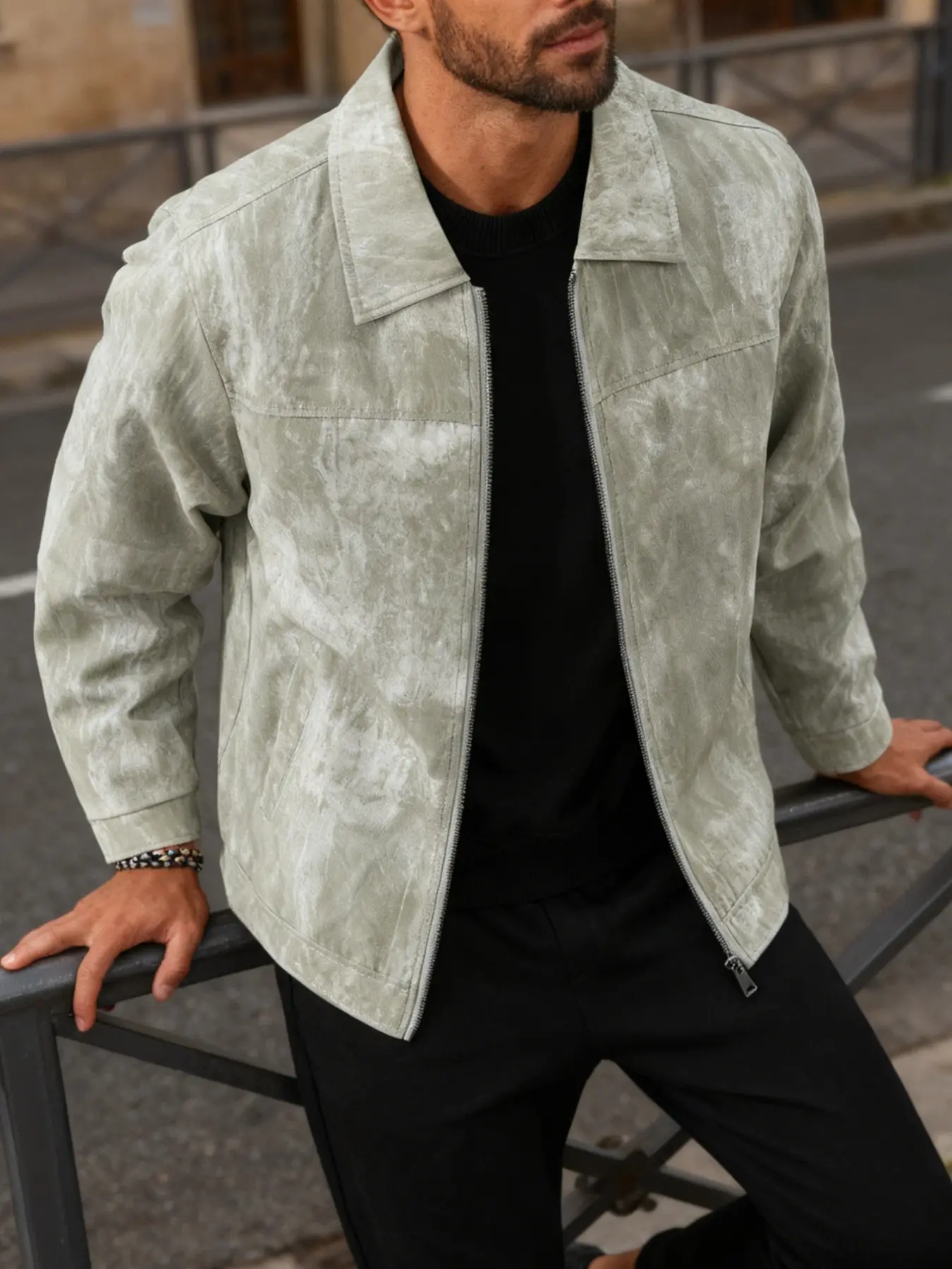 Men's lightweight casual jacket, fashion casual coats, Coats, Fitted, Outerwear, Long Sleeves, zipper closure, lapel design, tie dye distressed jacket, machine washable, polyester fiber, suitable for daily leisure, work travel, Spring and Autumn seasons