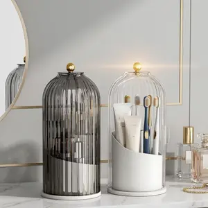 360° Spinning Toothbrush Holder with Transparent Door – Dustproof Clear Makeup & Brush Organizer, 3 Slots, Rotating Storage for Vanity Bathroom Countertop , Easter Basket Gift for Her, Spring Organization Must-Have