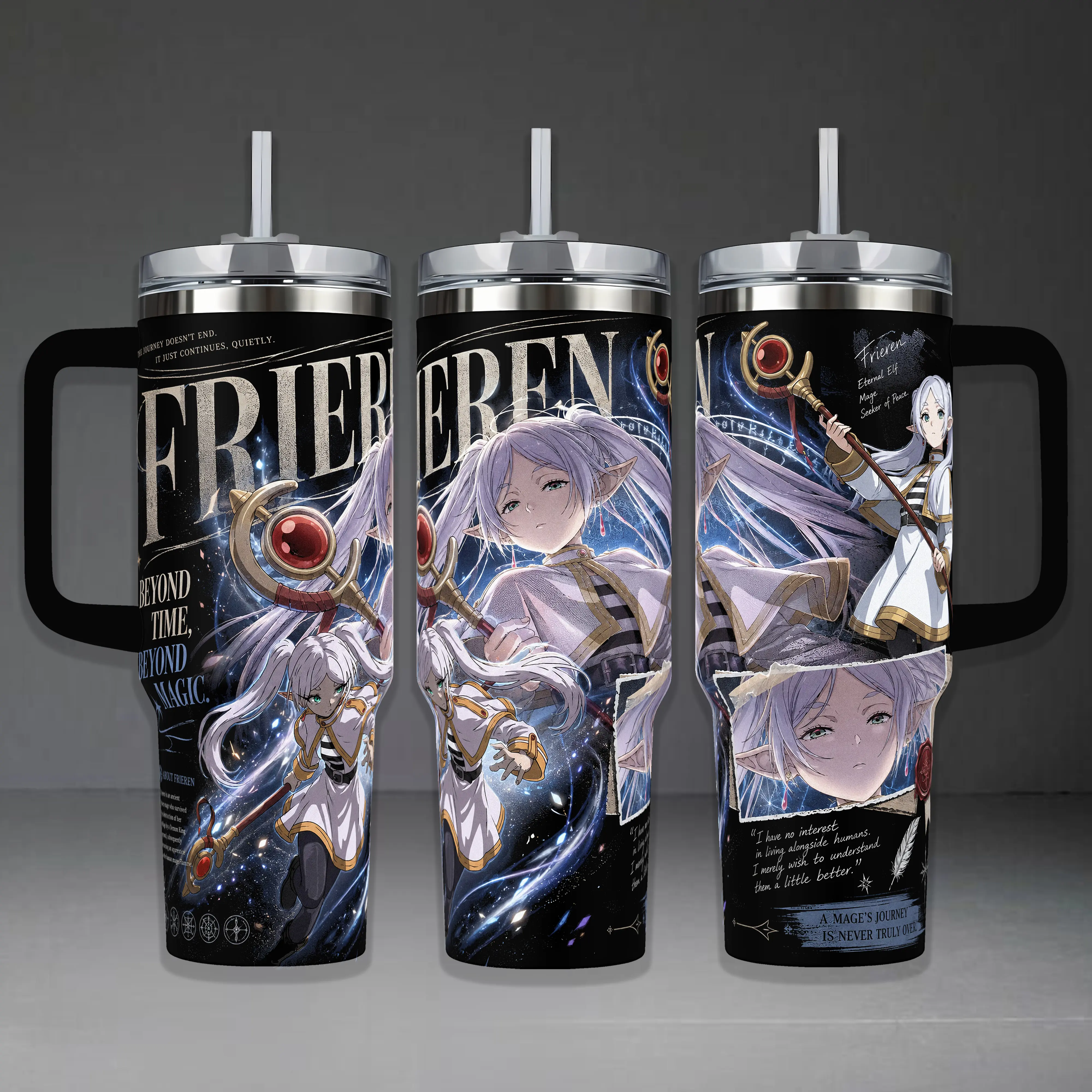 Frieren: Beyond Journey's End Insulated Tumbler Set - 40oz Handle Cup, 20oz Reusable Travel Mug with Lid, Printed Elven Mage & "Beyond Time, Beyond Magic" Graphic, Coffee Drinkware for Anime Fans