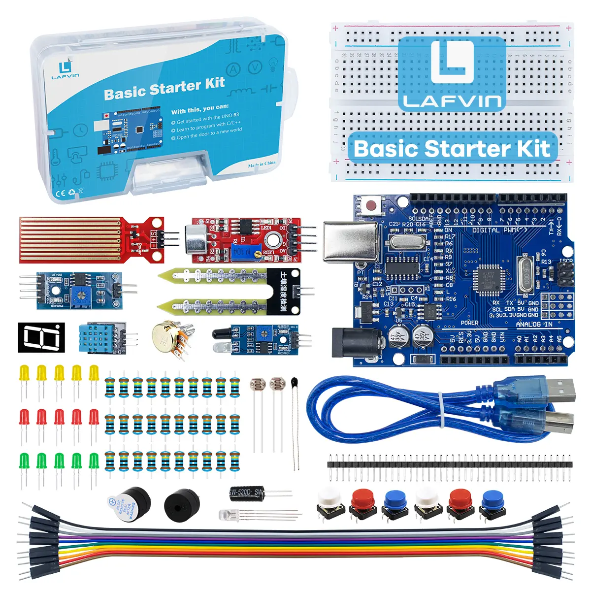 LAFVIN Basic Starter Kit with UNO R3 CH340,Breadboard + Retail Box Compatible with Arduino IDE Led Modules Components Sensors