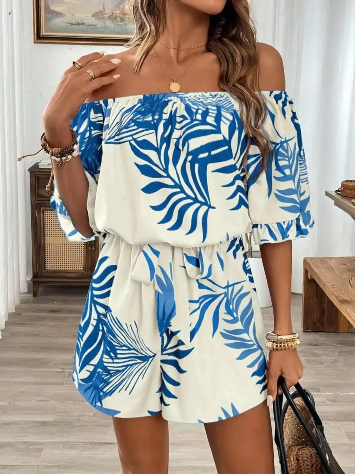 Women's Hawaiian Style Bohemian Vibe Tropical Print Romper, Womenswear, Ruffled Sleeve Hem, Waist Cinch Design, Off-Shoulder Summer, Stylish and Comfortable