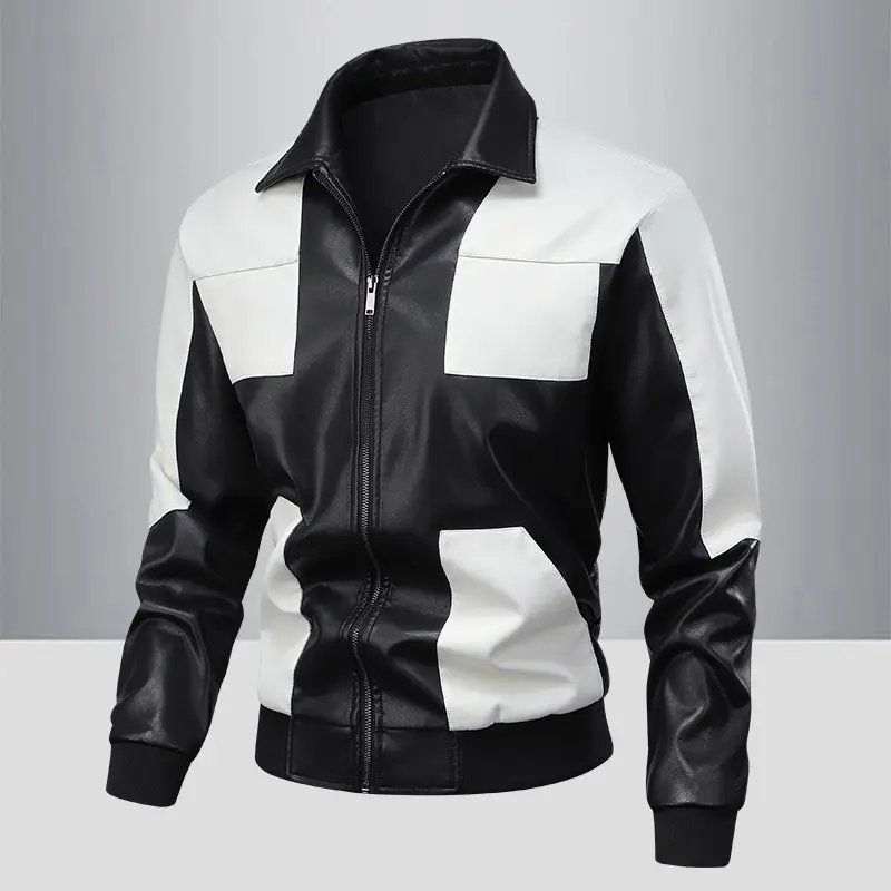 Men's Trendy Personalized Colorblock Patchwork Lapel Zipper Motorcycle Leather Jacket in Black and White Casual Menswear