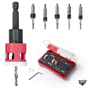 5 Pcs HSS M2 Countersink Drill Bit Set with Low Friction Depth Stop, Tapered Head 1/8" 9/64" 5/32" Drill + 3/8" 82° Counter-Bore, 11/64" 3/16" Drill + 1/2" 82° Counter Bore, 1/4" Hex Shank (Red)