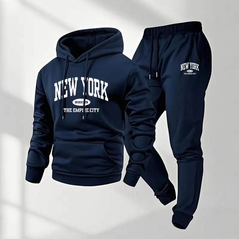Men's New York Printed Hoodie and Drawstring Sweatpants Set, Menswear, Casual Athletic Long Sleeve Hooded Jacket & Trousers for Fall & Winter, Men's Clothing for Daily Wear, Sportswear Indoor Outdoor, Tracksuit, Athleisure Summer Clothes