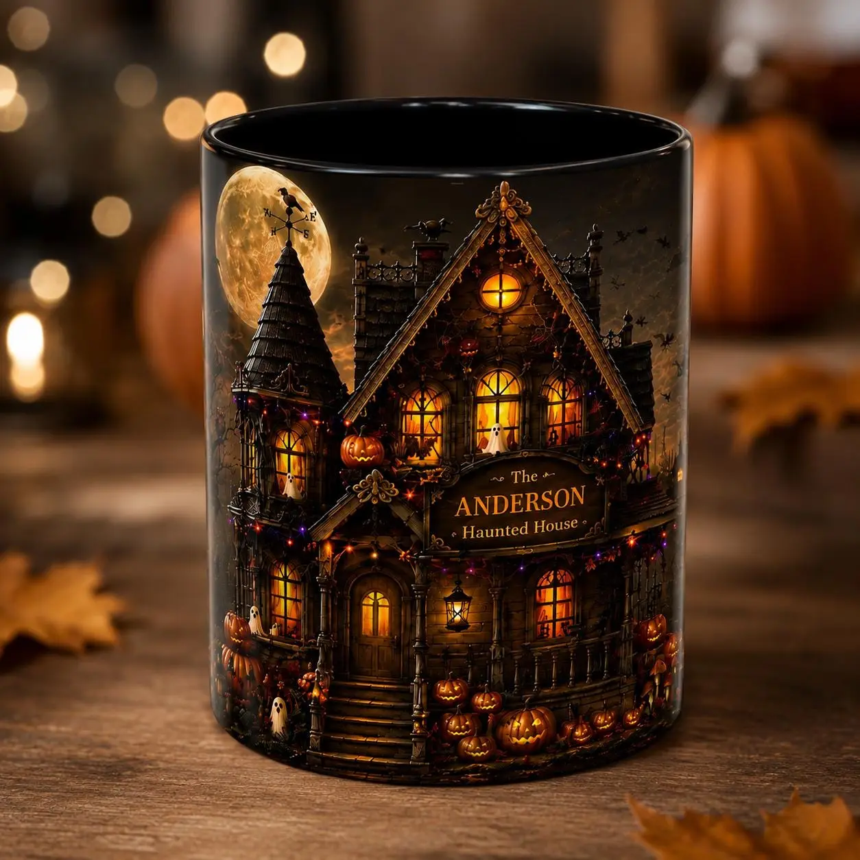 Ceramic Personalized Gothic Haunted House Mug - Custom Last Name Drinkware, Halloween Printed Gothic Mansion Black Coffee Cup, Spooky Season Gift, 11oz-15oz