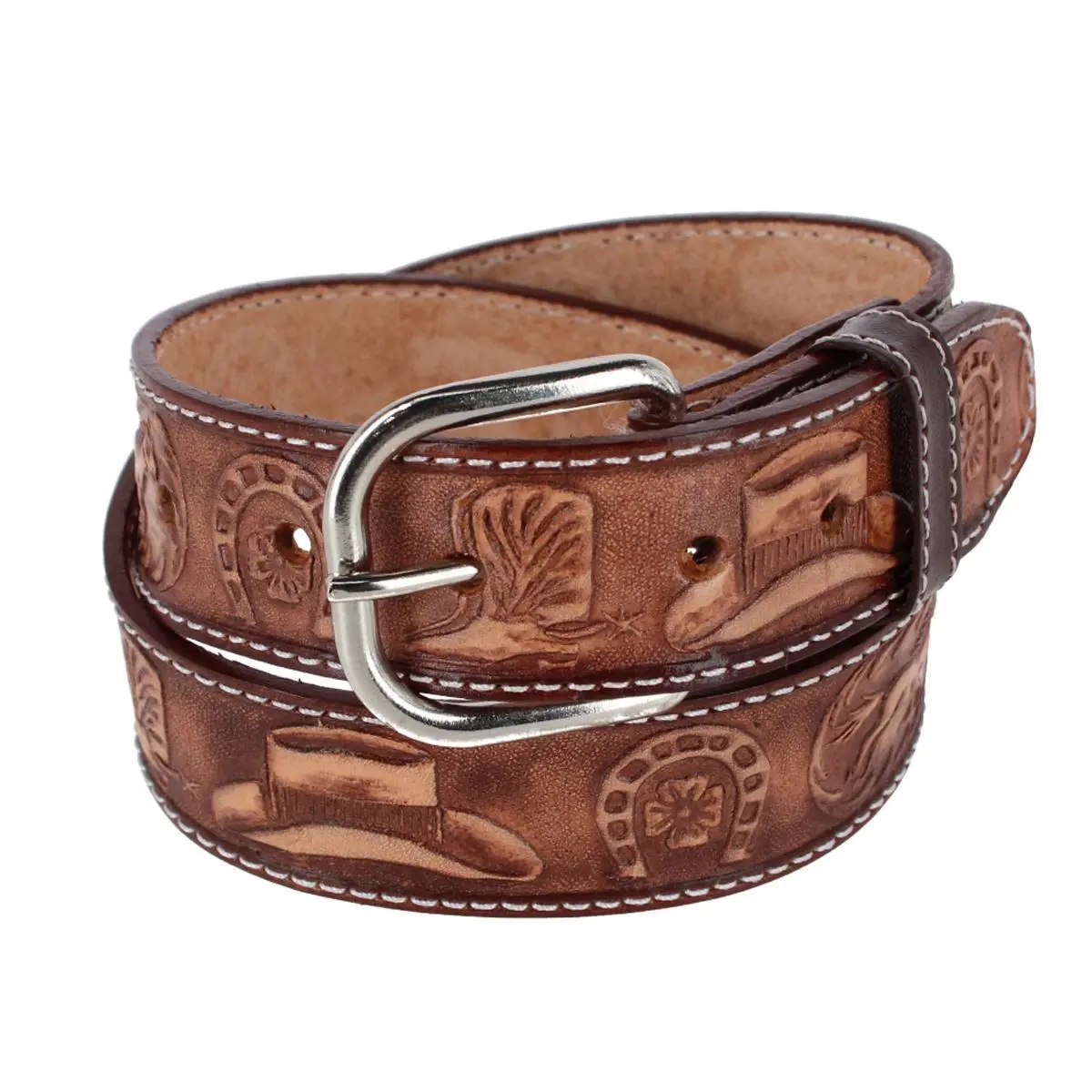 CTM Boy's 1.25-Inches Tooled Leather Western Rodeo Belt for Kids' Fashion Accessories