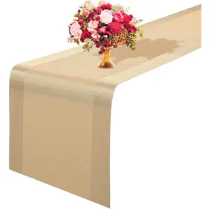 , 12x107in Heat-Resistant Woven Vinyl Long Tabletop, Non-Slip Washable PVC Table, Easy to Dresser Cover for Wedding,, Home, Art (Golden)