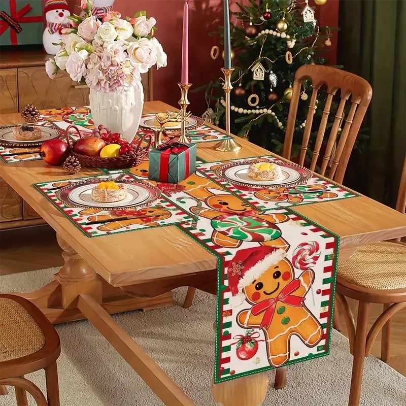 1 piece/5 piece set/7 piece set, gingerbread cane candy Christmas table flag and placemat set, winter kitchen and dining table decoration, suitable for family party decoration, holiday gifts, Festive Decoration, Christmas Decorations