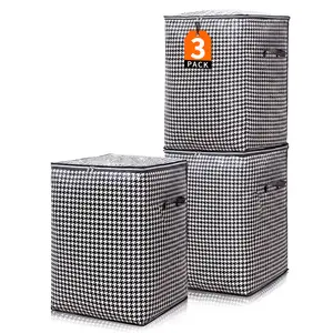 3 Pack Clothes Storage Bags with Lids,Foldable Blanket Storage Bags with Zippersand Reinforced Handles, Closet and Organization for Clothing, Sweater, Comforter, Bedding.Also suitable for moving.