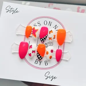 Hot Pink Neon Orange Lightning Bolt Smile Face Fake Nails - Hand-Painted Gel Polish with Complimentary Goodie Bag Including Glue, File & Accessories