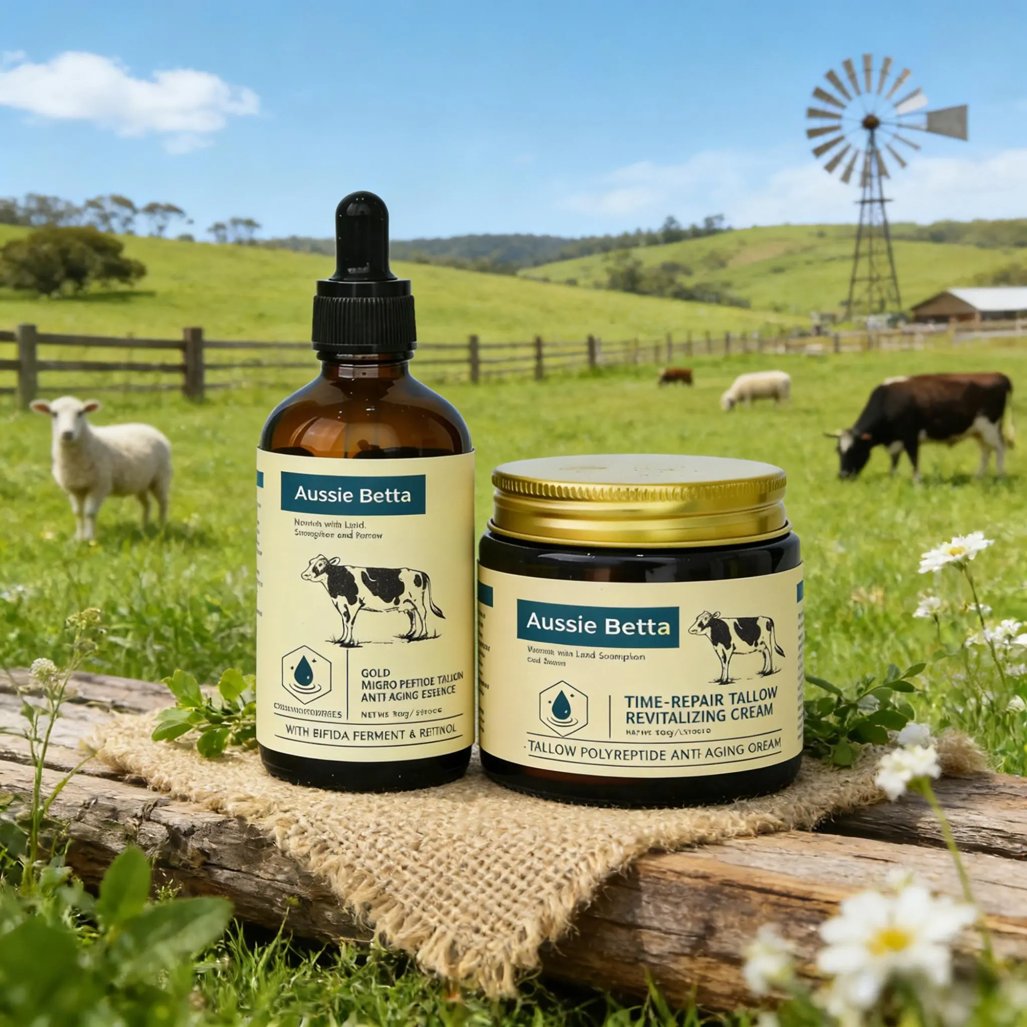 Aussie Betta Skincare Kit - High Performance Golden Micro-Peptide Tallow Serum & 100g Time-Repair Tallow Revitalizing Cream, Anti Aging, Collagen, Niacinamide, Retinol, Dark Spots Corrector, Rejuvenating, Bifida Ferment, Non-Irritating Skin Repair, Anti A