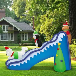 9 FT Christmas Inflatables Decoration with Bright LED Lights and Power Adaptor,Funny Slide Scene Inflatable with Reindeer Penguin Polar Bear,Weather-Resistant,Yard Decoration for Lawn,Garden,Patio,Holiday and Home