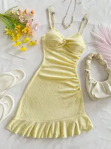 Women's Embroidered Fabric Ruffled Hem Design Holiday Bodycon Strap Dress, Sleeveless Fitted One-Piece, Plain Contrast Mesh Style, Feminine Womenswear Dress