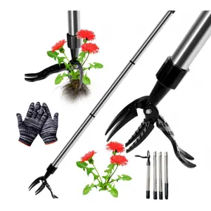 Weed removal tool, long-handled vertical telescopic extension heavy-duty tool, foot-operated platform design - 4-jaw steel head weed removal tool, bamboo garden manual weeding tool, allows smooth weeding without kneeling