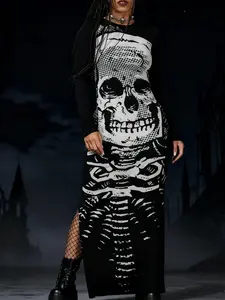 Women's Plus Size Long Sleeve Dress, Slim Fit with Slit Design, Skull Pattern, Halloween Gothic Style, Casual Streetwear, Womenswear