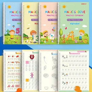 Magic Ink Handwriting Practice Books Set for Kids - 4 Reusable Grooved Letter Tracing Books with Cartoon Pen, Pen Holding Aid & 10 Refills Student Essentials