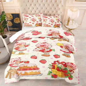 Retro 80s Cartoon Comforter Set,Strawberry Shortcake Print,Including 1 Quilt and 1 or 2 Pillowcases without Pillows,Suitable as Gift for Family and Friends,Soft and Warm Bedroom Bedding Set