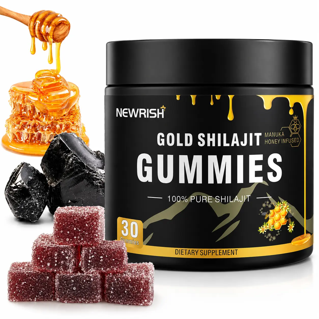 Newrish Strength Gummies - Contains Turkstan yam and Tongkat Ali extracts - Immunoglobulins - Enhances strength and fitness recovery - 60 gummies