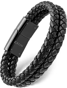 RTZN Double Black Braided Leather Bracelet