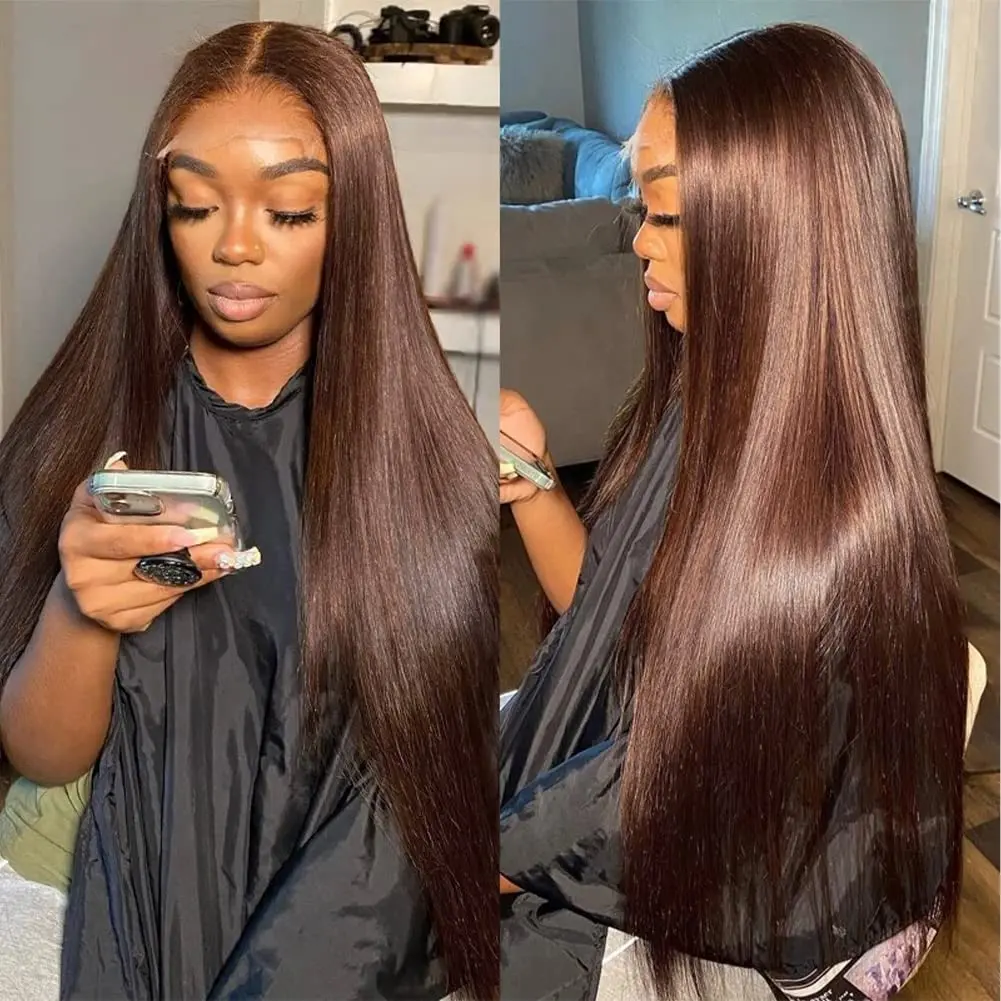 Hermosa 13x4 Chocolate Brown Lace Front Wig Human Hair with Baby Hair 180% Density Pre-Plucked Hairline 4# Brown Straight Lace Frontal Wig 26 Inch