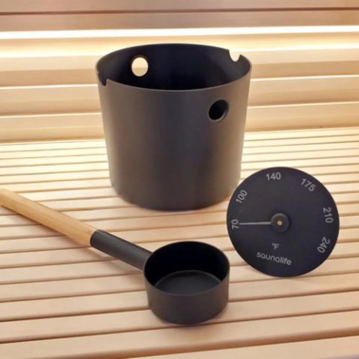 SaunaLife Aluminum 1-Gallon Sauna Bucket Set with Wood Ladle and Thermometer