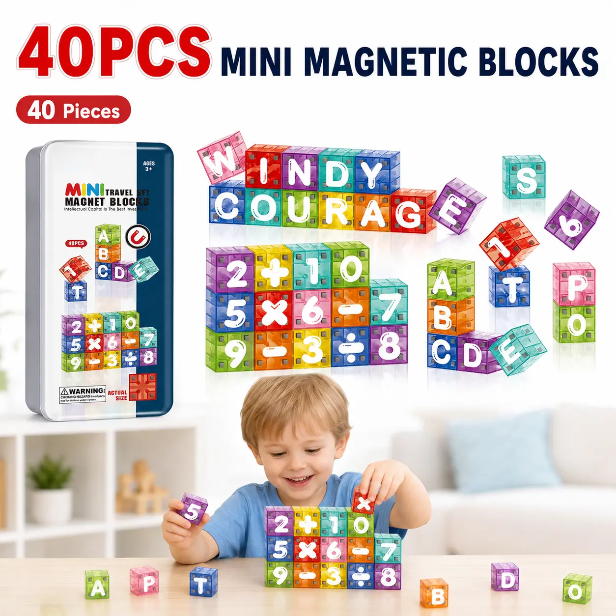 40PCS Mini Magnetic Blocks Set, Letter & Number Learning Blocks with Portable Tin Case, Colorful Magnetic Building Toy for Kids Ages 3+