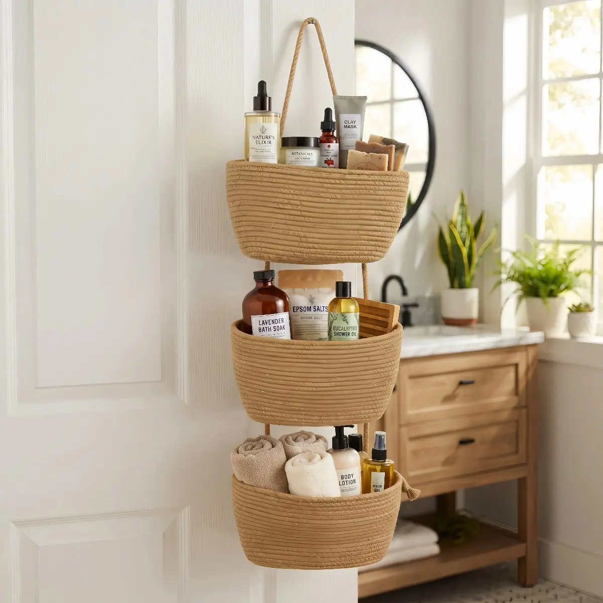 【11in】 3-Tier Boho Jute Weave & White Woven Over-The-Door Hanging Basket with Hooks - Home Wall-Mounted Organizer for Indoor Use, Room Decor, Pantry