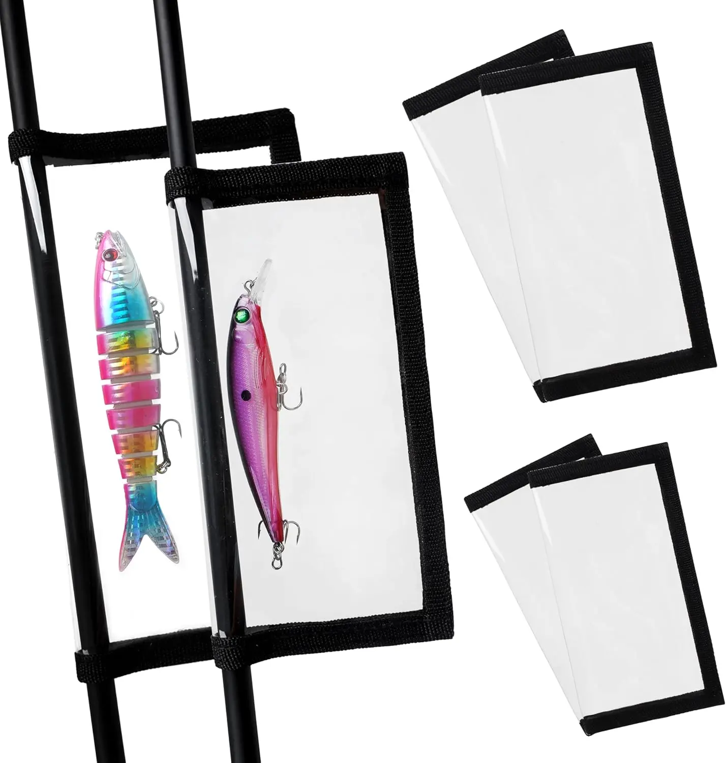 Fishing Lure Wraps for Fishing Rod with Velcro 4 Packs Bait Storage Covers Clear PVC Lure Protector Medium Large Sizes