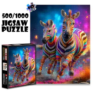 1pc 1000 piece adult puzzle 70x50cm Colorful Zebra Pair Running in Magical Landscape 500 pieces of paper jigsaw puzzle, suitable for adults and families, large-scale DIY puzzle interactive toy games