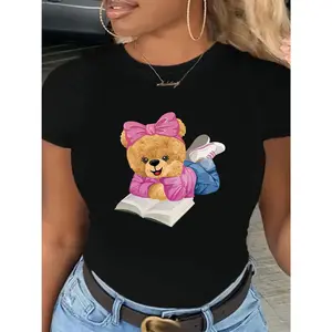Women's Bear Print Round Neck Tee Short Sleeve Polyester Regular Fit All Season Casual Wear