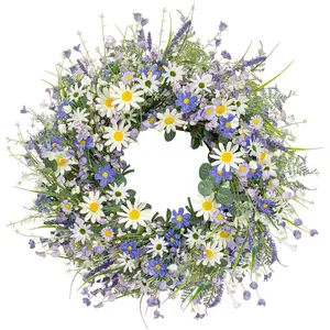 22 Inches Summer Wreaths for Front Door Blue Summer Door Wreath Spring Floral Wreath with Wildflower Lanvender for Wall Porch Indoors Outdoor Window Home Decorations