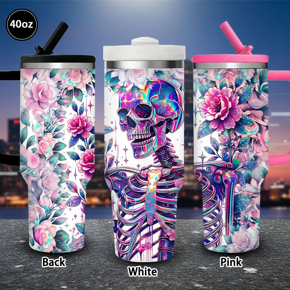 Single 40oz Iridescent Floral Skeleton Insulated Vacuum Flask Tumbler - Portable Kitchenware Drinkware with Lid and Straw, Winter Travel Mug, Valentine’s Day Gift for Women