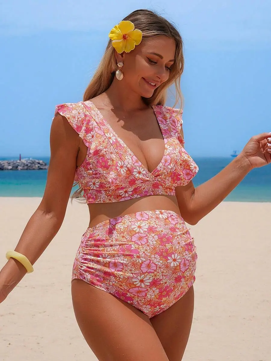 Maternity Floral Bikini Set - High Waist V-Neck Frill Trim 2 Piece Swimsuit for Beach Vacation