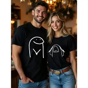 Matching Couple Undershirts - Stylish Basic Comfy Playful Cartoon Print, 100% Polyester, Machine Washable Slim-Fit Round-Neck Shortsleeve Tees for Him & Her, Spring/Summer Casual Wear, Romantic Couple Gift