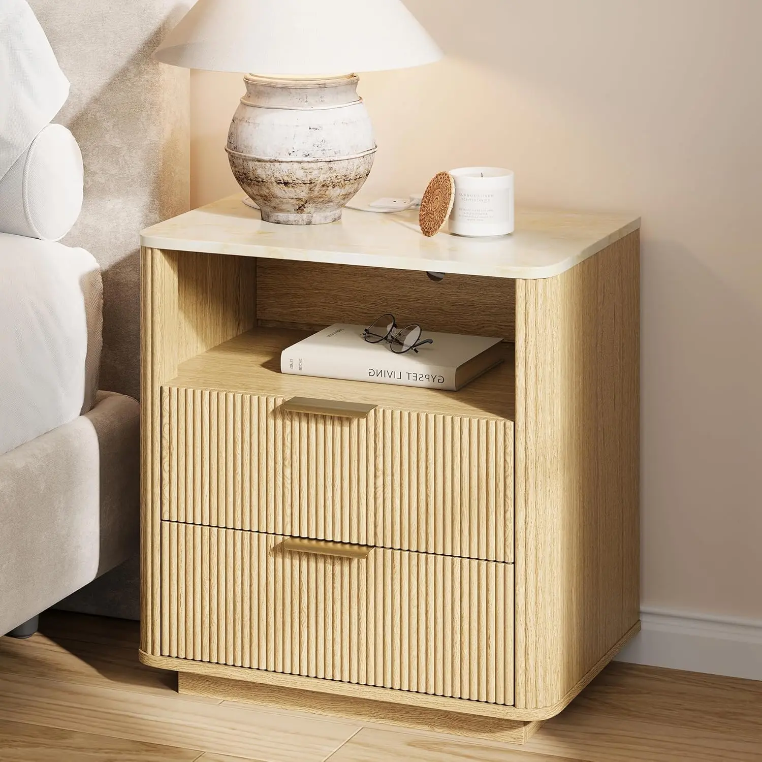 1/2pcs Faux Marble-Top Fluted Modern Bedside Table with Charging Station, Storage & Drawers, Mid Century Oak Wood Nightstand for Bedroom, Living Room, Modern Bedside Tables