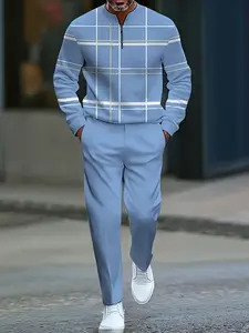 Men's Casual Sportswear Set, Sweatsuit Sets, Striped Patchwork Design, Half-Zip Long Sleeve Tee + Comfortable Pants, Ideal for Daily Wear & Sports, Tracksuit Sweat Suits, Sweatsuit Outfits